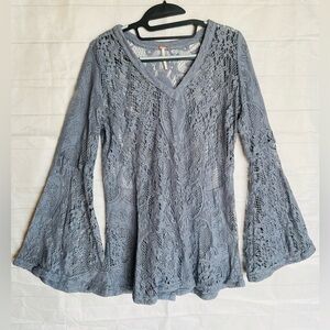 Free People boho blue crochet bell sleeve top size Small